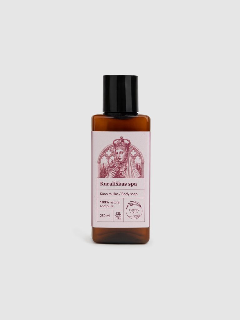 “Royal SPA” rose body wash in a brown bottle with a black cap on a light background