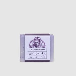 Kieto muilo „Aksominė levanda“ 100 g gabalas su violetine etikete, vaizdas iš priekio