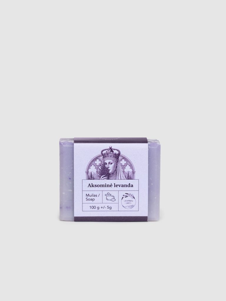 Kieto muilo „Aksominė levanda“ 100 g gabalas su violetine etikete, vaizdas iš priekio
