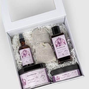 White gift box “Royal SPA” with lavender oil, creams and sachets, top view
