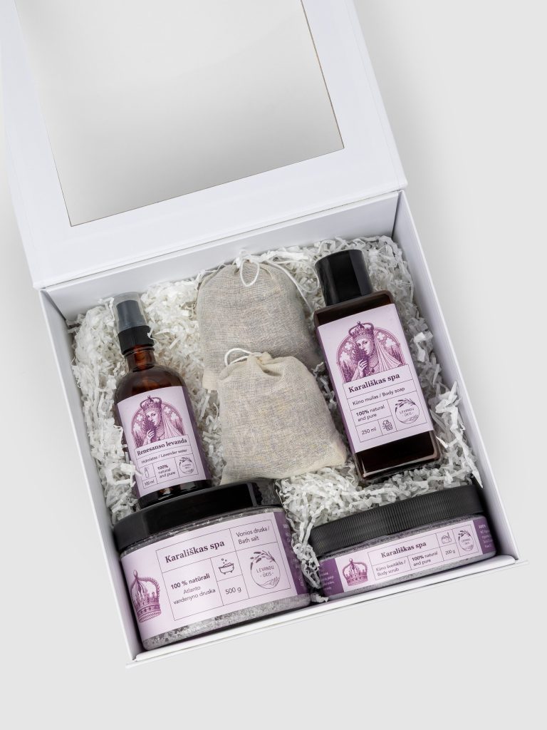 White gift box “Royal SPA” with lavender oil, creams and sachets, top view