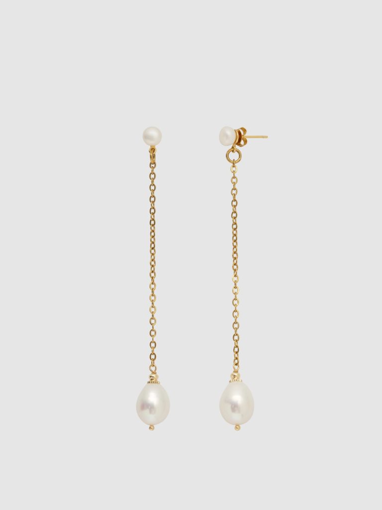 Gold earrings “The Queen's Pearl” with a long chain and a teardrop pearl on a light background