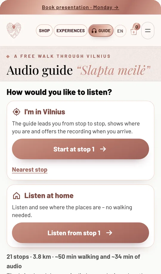 Start of the audio guide: “I’m in Vilnius” and “Listen at home”