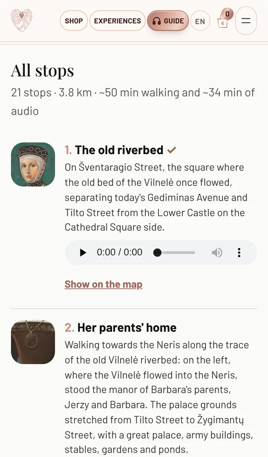 List of all audio guide stops with pictures and recordings