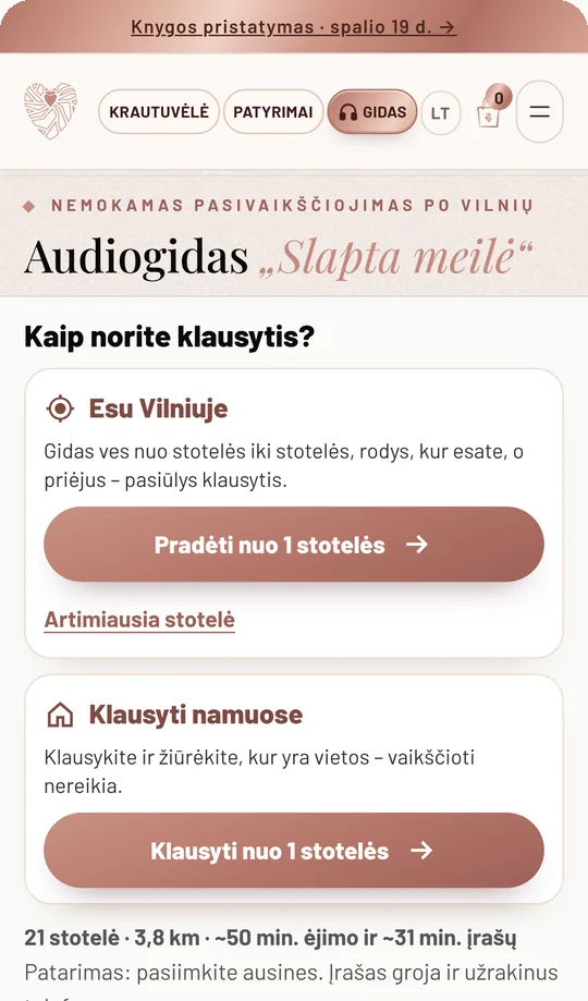 Audiogido pradžia: pasirinkimai „Esu Vilniuje“ ir „Klausyti namuose“