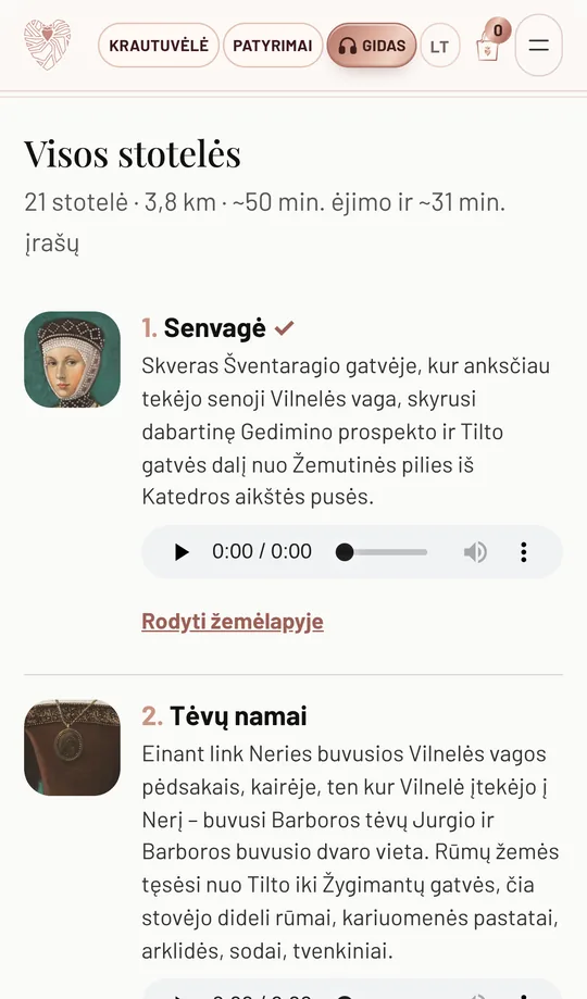 Visų audiogido stotelių sąrašas su paveikslėliais ir įrašais