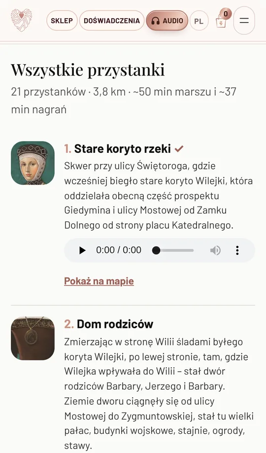 Lista wszystkich przystanków audioprzewodnika z obrazkami i nagraniami
