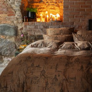 Cinnamon satin bedding “Royal Vilnius Love Story” with a drawing of Vilnius buildings in an interior