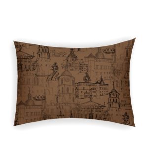 Cinnamon satin pillowcase “Royal Vilnius Love Story” with a dark drawing of Vilnius buildings