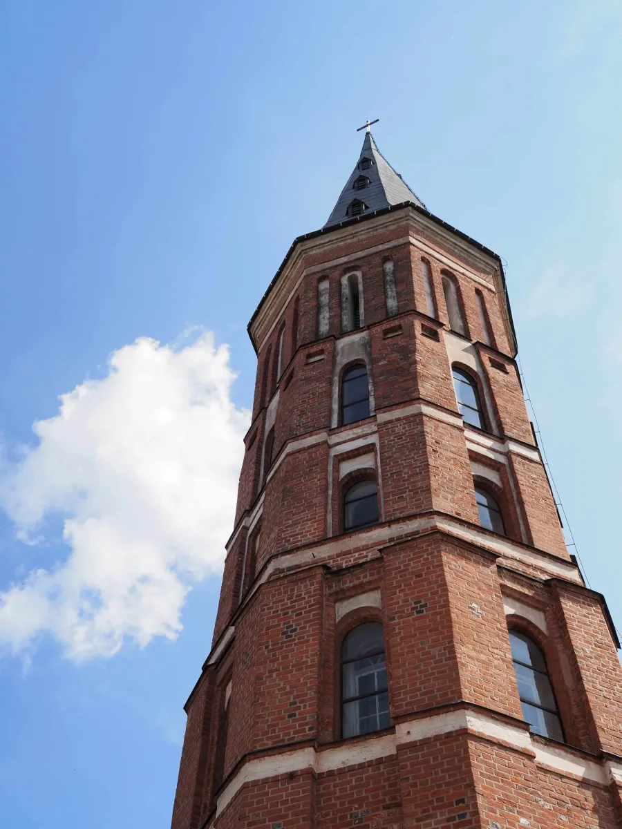 Raudonų plytų gotikinis bokštas mėlyno dangaus fone – ekskursija „Karaliaus Augusto laiškai“ Kaune