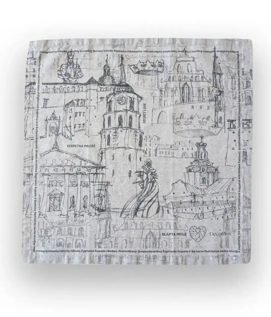 Unfolded “Royal Vilnius Love Story” linen napkin with a drawing of Vilnius buildings