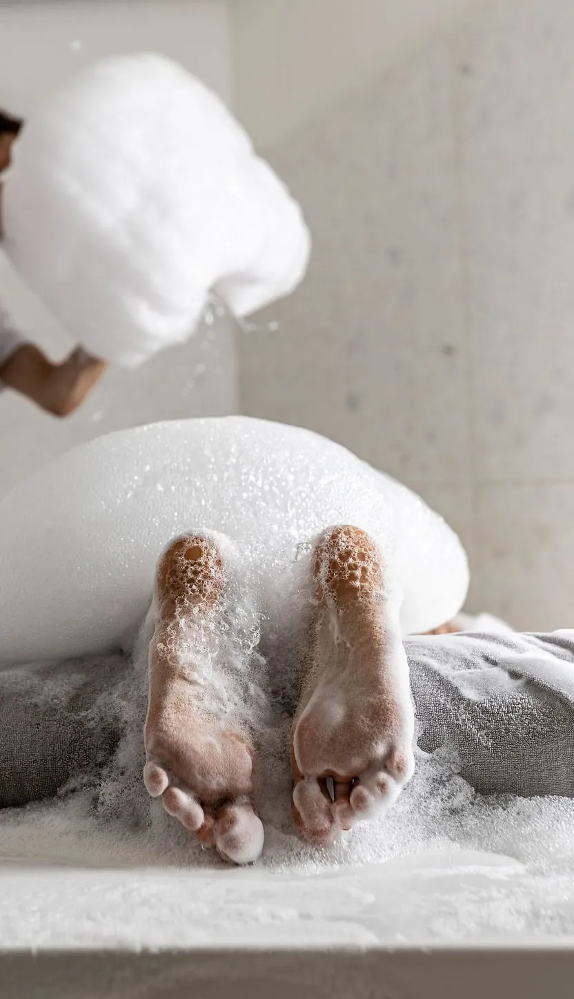 Woman's feet sprinkled with salt on a white surface during a SPA ritual