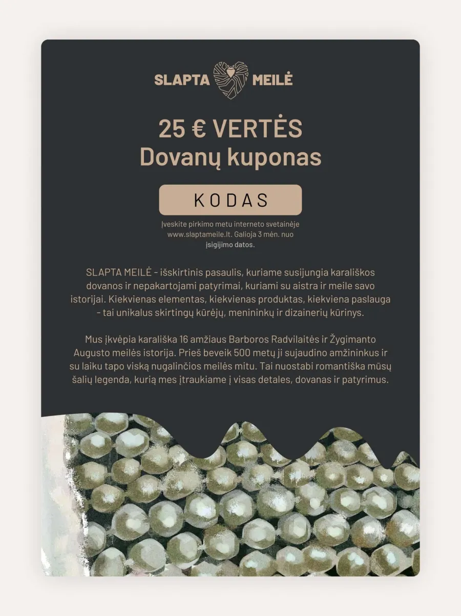 SLAPTA MEILĖ €25 gift voucher on a dark background with a detail of pearls at the bottom