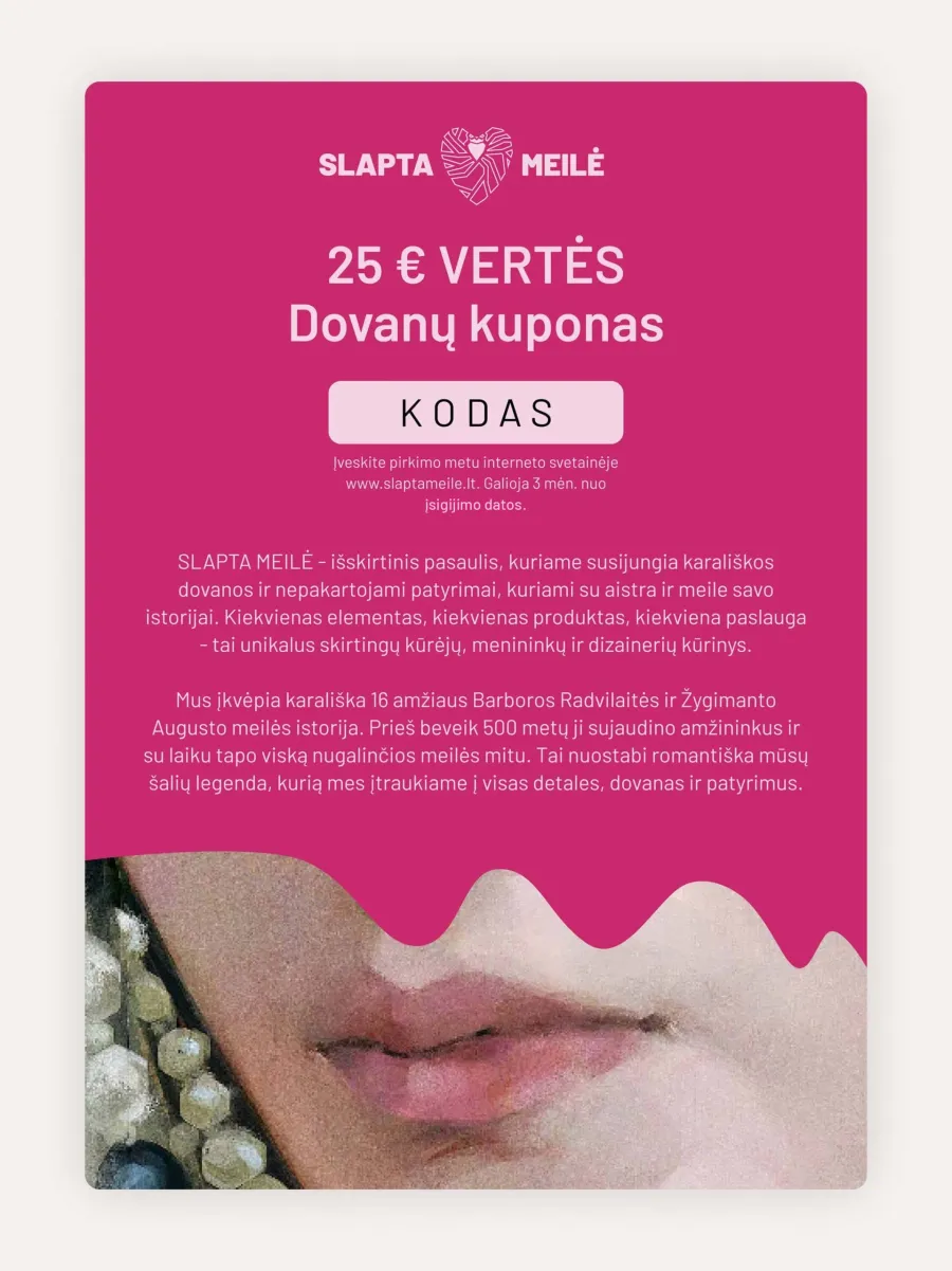 Pink SLAPTA MEILĖ €25 gift voucher with a detail of lips and pearls