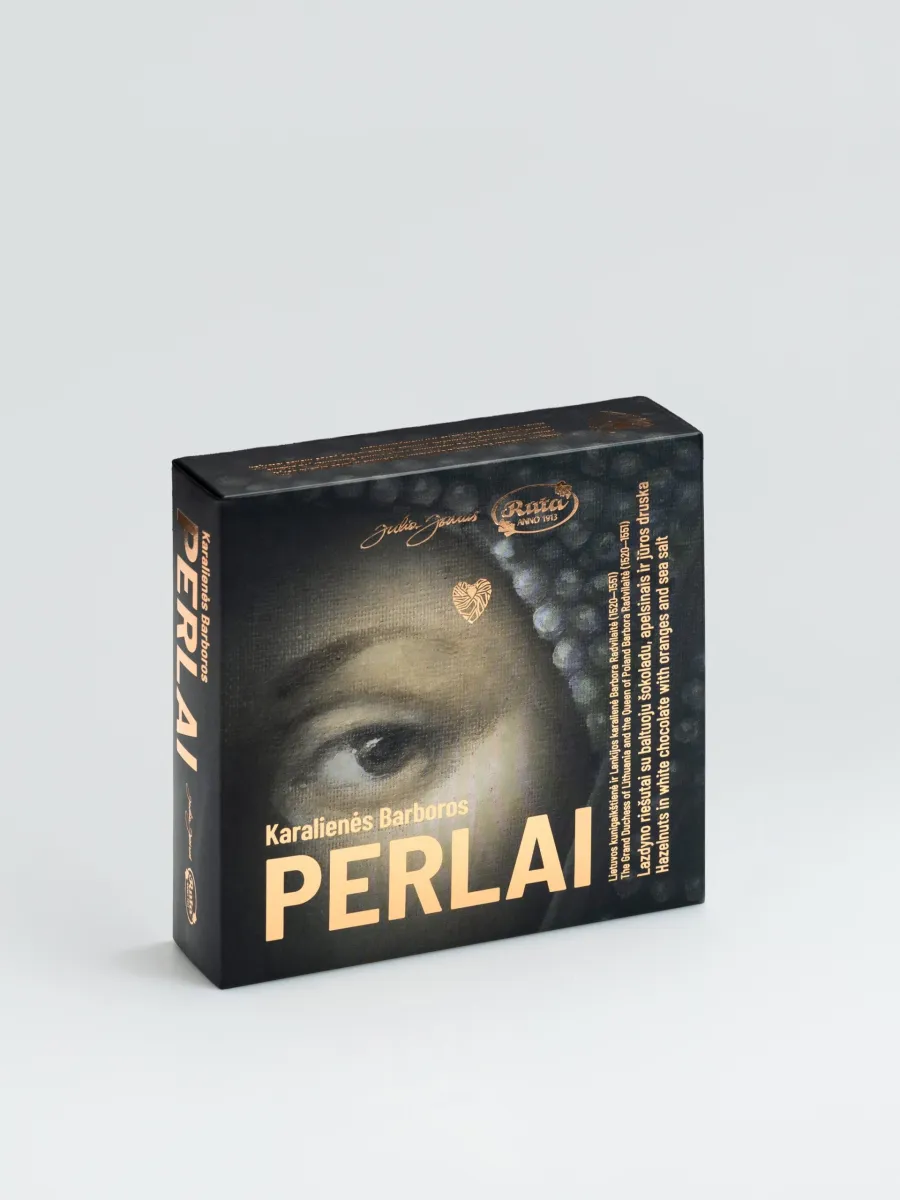 An upright “Queen Barbara's Pearls” sweets box with the word “Perlai” (Pearls) and a detail of a painting