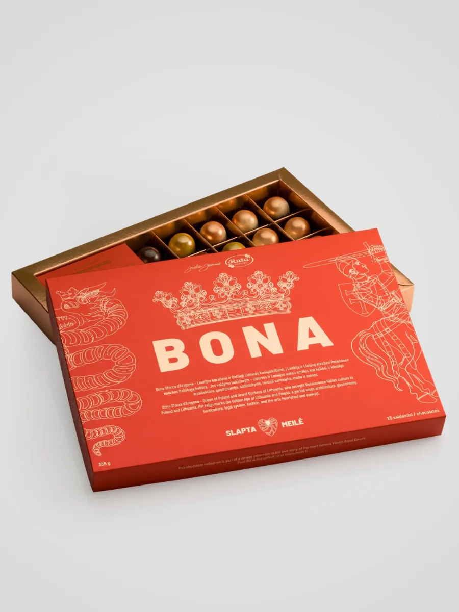 “Bona” chocolate sweets set in a red box with the lid half slid off