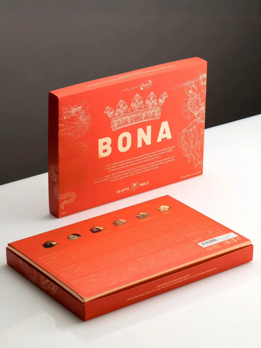 Lid of the “Bona” sweets set and the back of the box with photos of the sweets