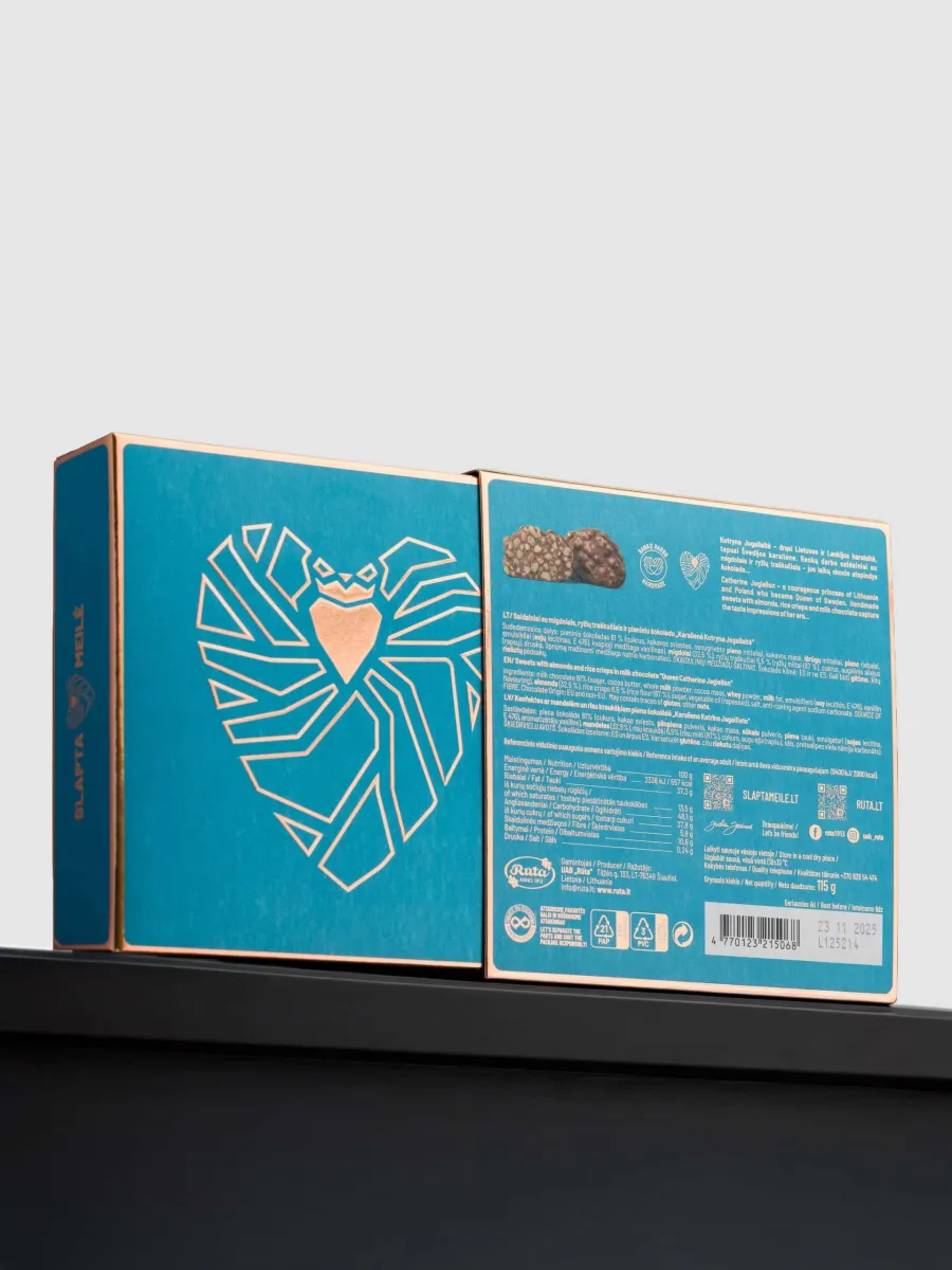 Back of the blue box of “Queen Catherine Jagiellon” sweets with a heart drawing