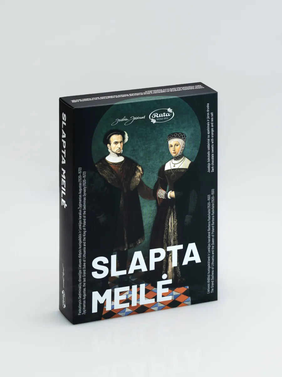 Box of “Slapta meilė” dark chocolate sweets with a portrait of Barbara and Augustus, front view