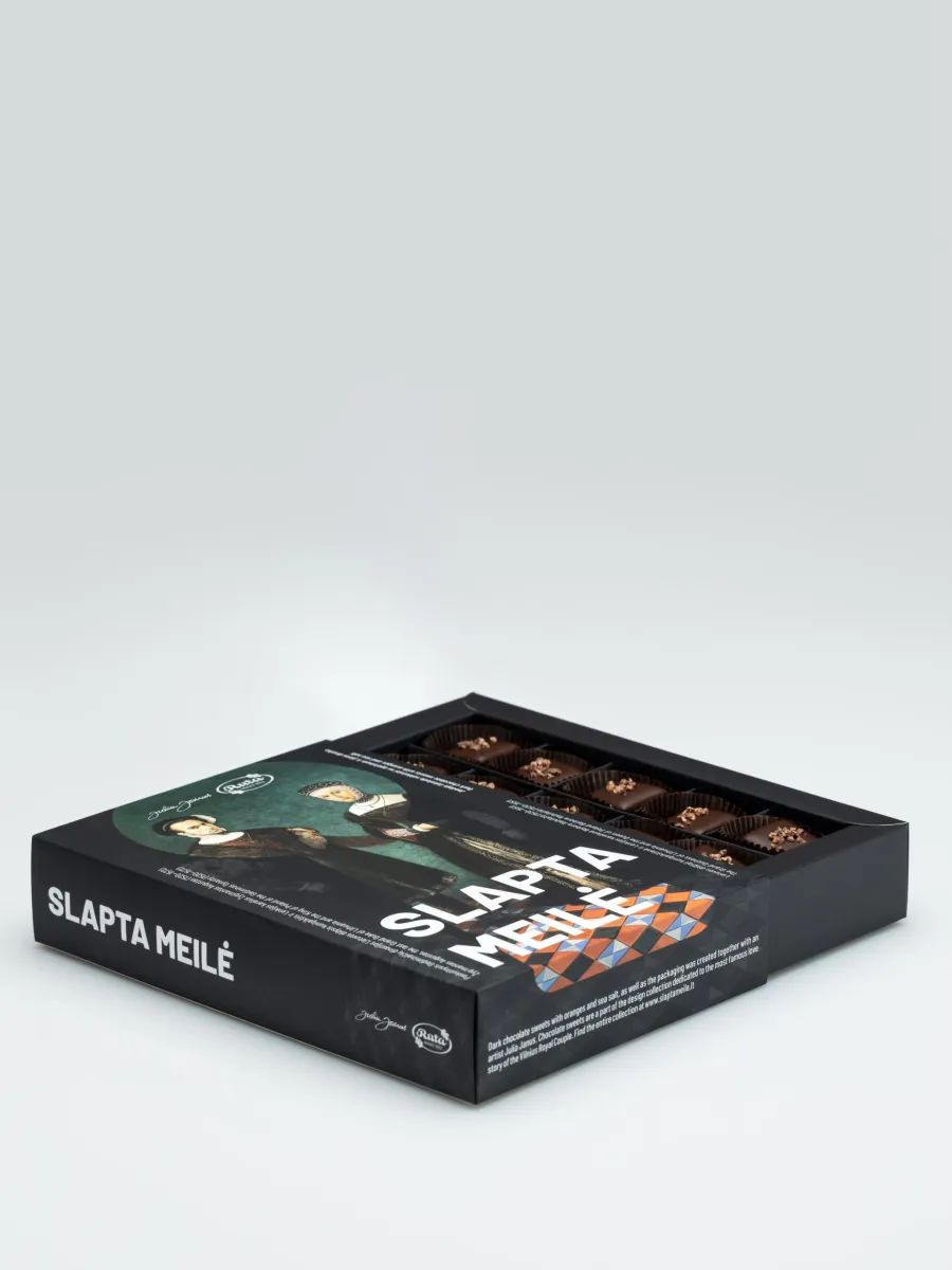 Open box of “Slapta meilė” dark chocolate sweets, angled top view