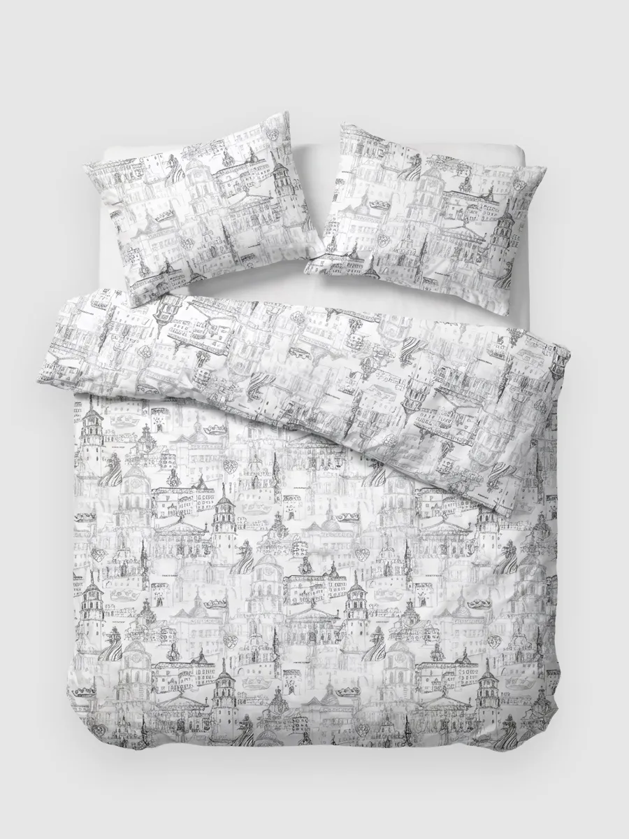 White satin bedding set “Royal Vilnius Love Story” with a Vilnius drawing on a bed
