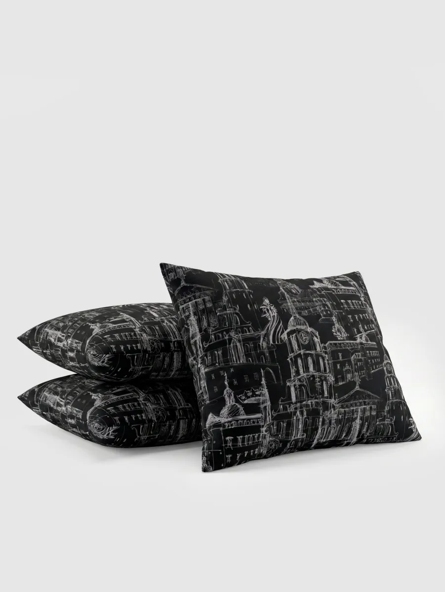 Two anthracite satin pillowcases “Royal Vilnius Love Story” with a white drawing of Vilnius