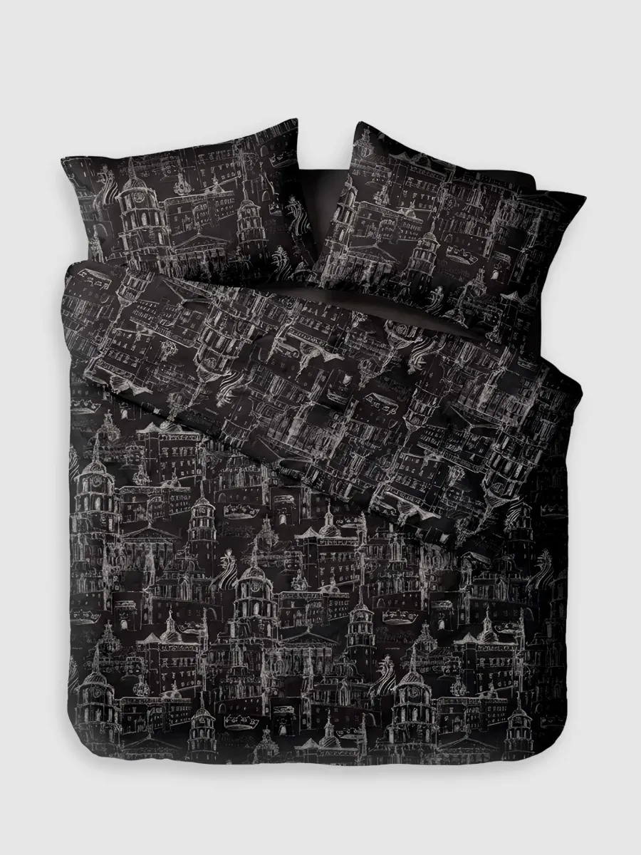 Anthracite satin bedding set “Royal Vilnius Love Story” with a white Vilnius drawing