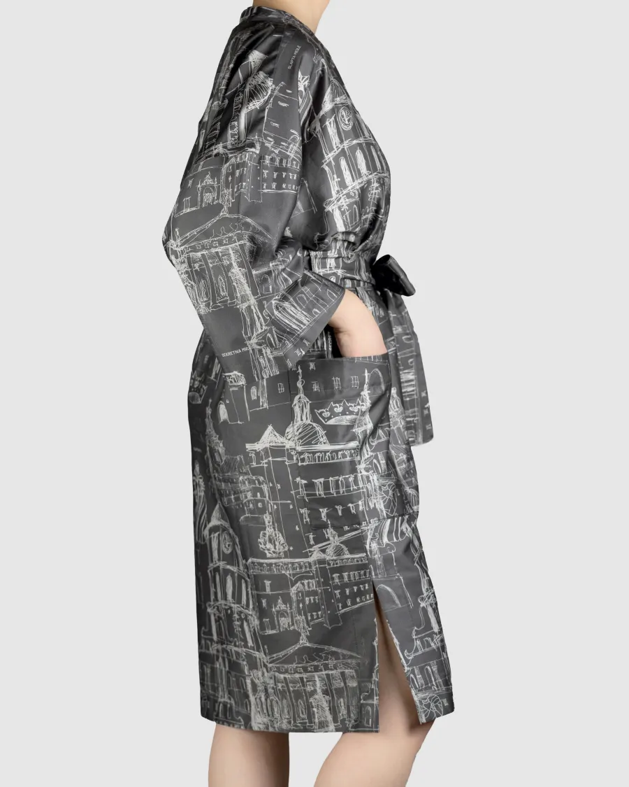 Anthracite satin kimono robe “Royal Vilnius Love Story” on a model, side view