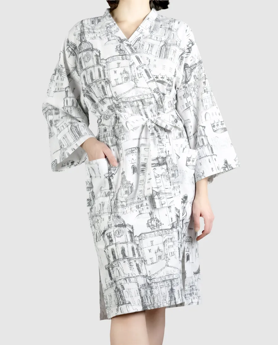 White satin kimono robe “Royal Vilnius Love Story” with a Vilnius drawing, front