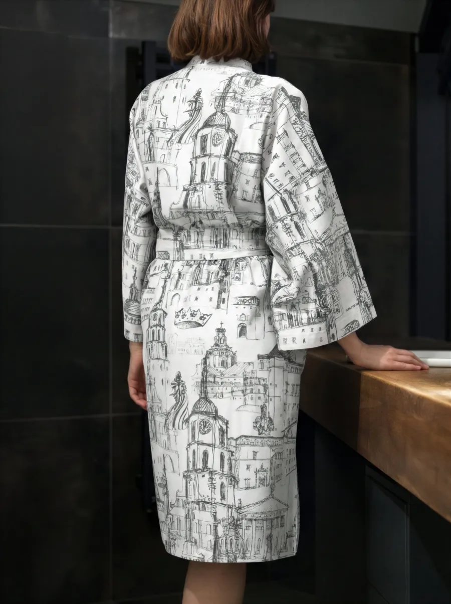 White kimono robe “Royal Vilnius Love Story” in a bathroom, back view