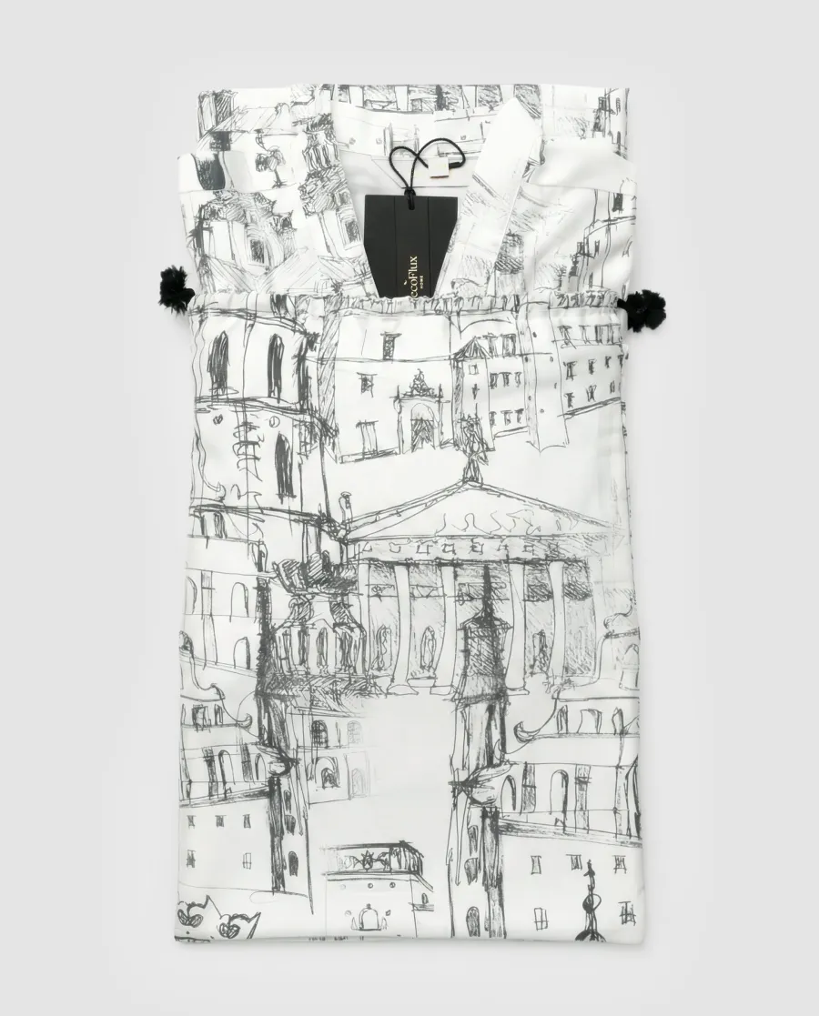 A folded white “Royal Vilnius Love Story” kimono robe on a drawstring bag
