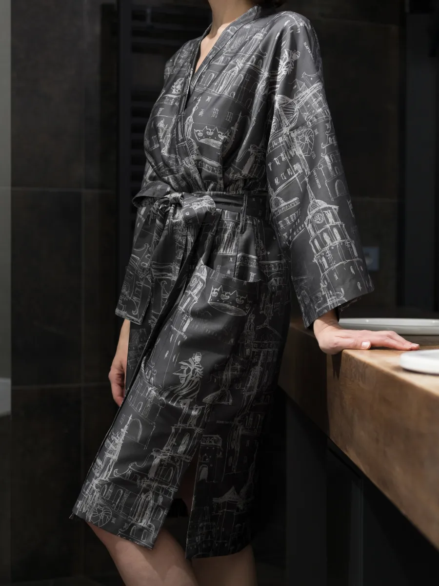 Anthracite kimono robe “Royal Vilnius Love Story” on a model in a bathroom, side view