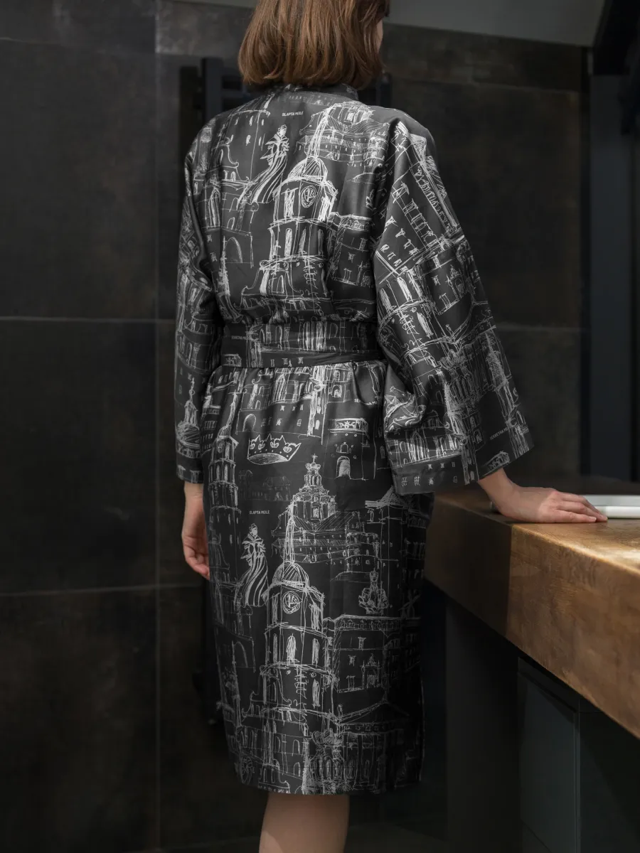 Anthracite kimono robe “Royal Vilnius Love Story” in a bathroom, back view