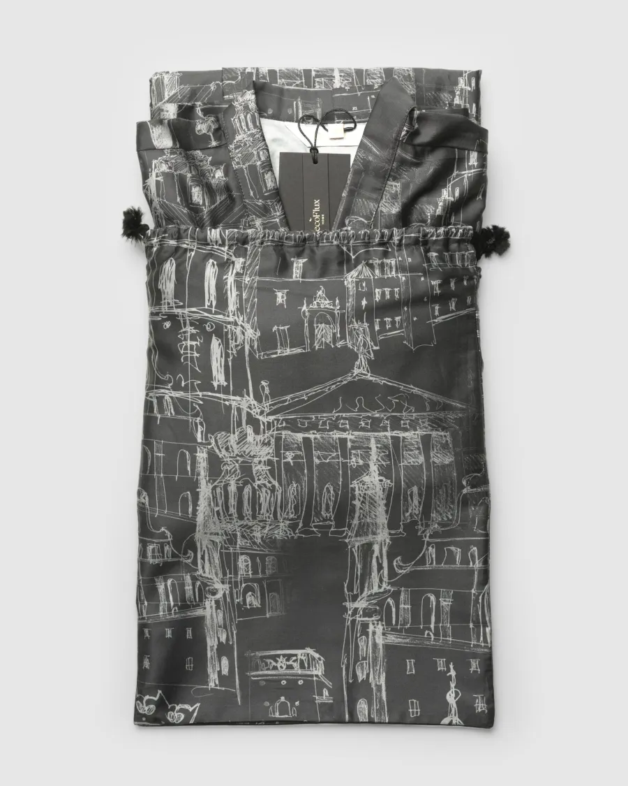 A folded anthracite “Royal Vilnius Love Story” kimono robe on a drawstring bag