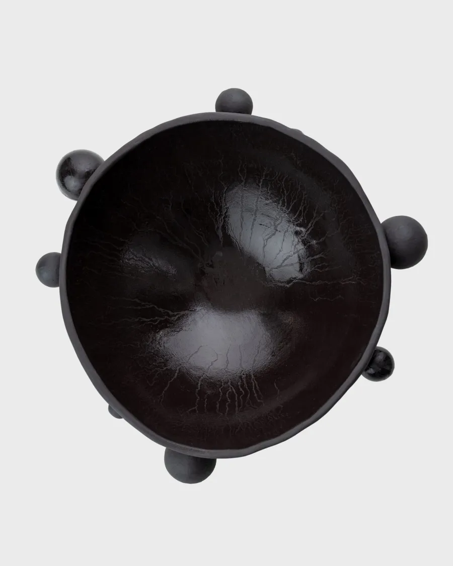 Medium matte black “The Queen's Pearl Bowl” from above with beads around the rim
