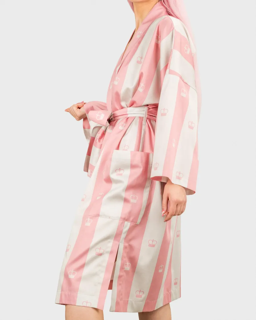 Pink striped “Your Majesty” kimono robe on a model, side view