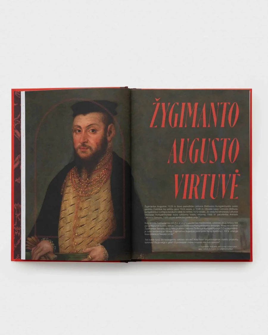 Atversta knyga „Valdovai valgo“ su Žygimanto Augusto portretu ir užrašu „Žygimanto Augusto virtuvė“