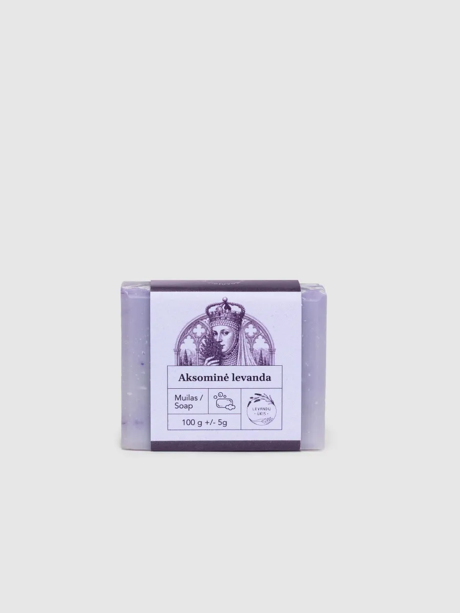 Kieto muilo „Aksominė levanda“ 100 g gabalas su violetine etikete, vaizdas iš priekio