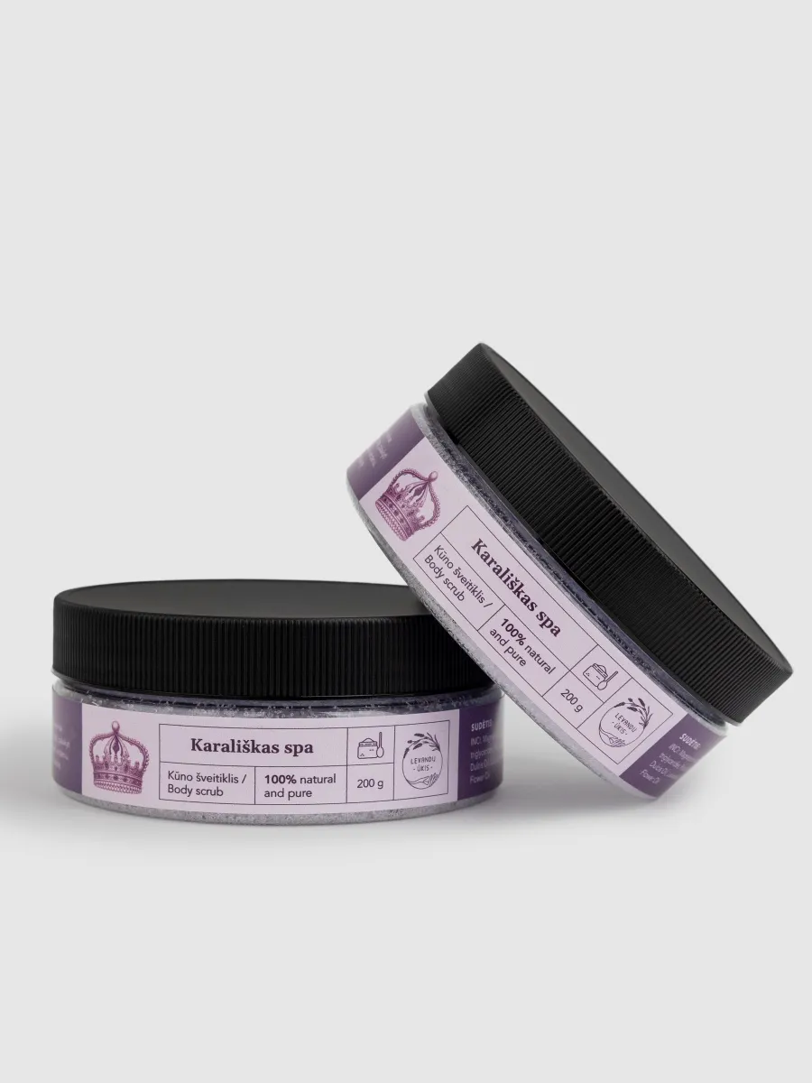 Two jars of “Royal SPA” lavender body scrub with black lids, one tilted