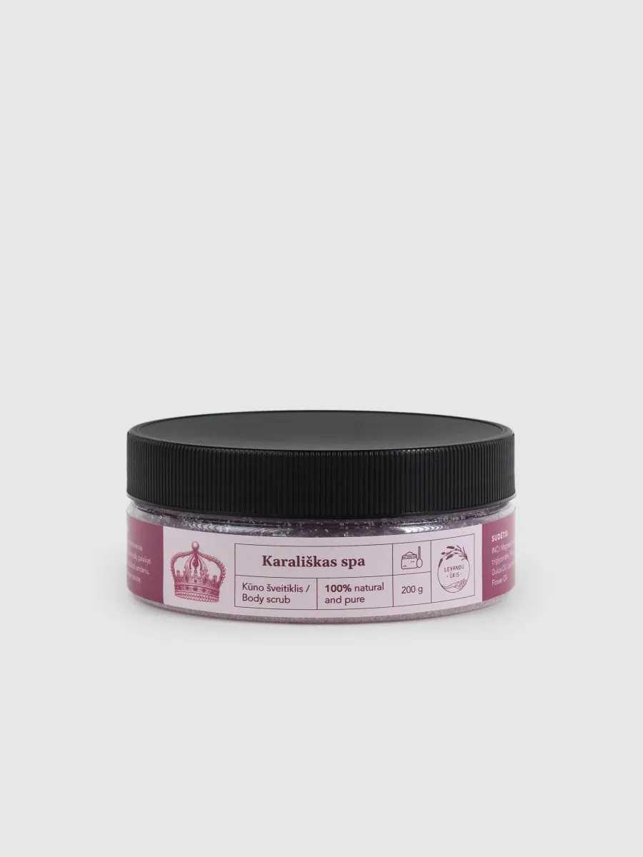 Closed jar of “Royal SPA” rose body scrub with a black lid