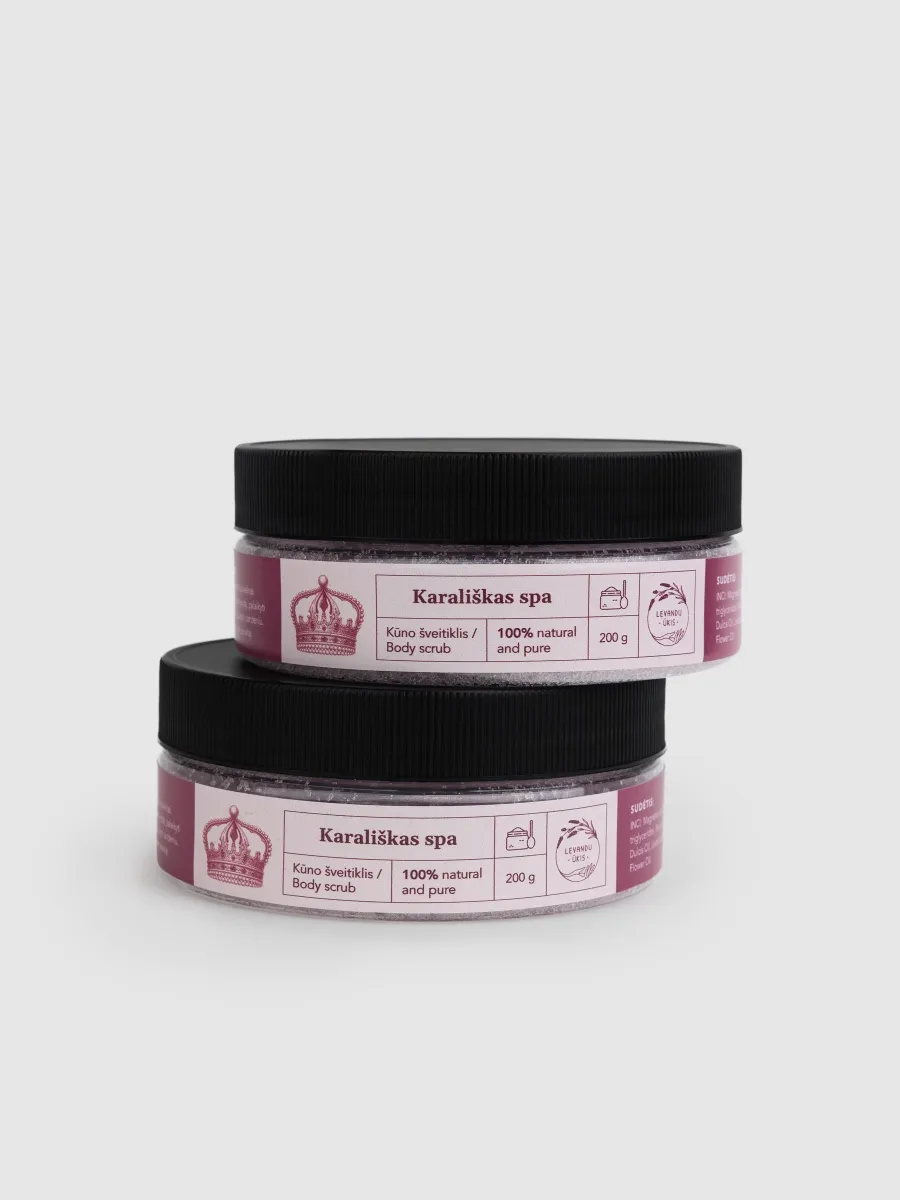 Two jars of “Royal SPA” rose body scrub stacked on top of each other