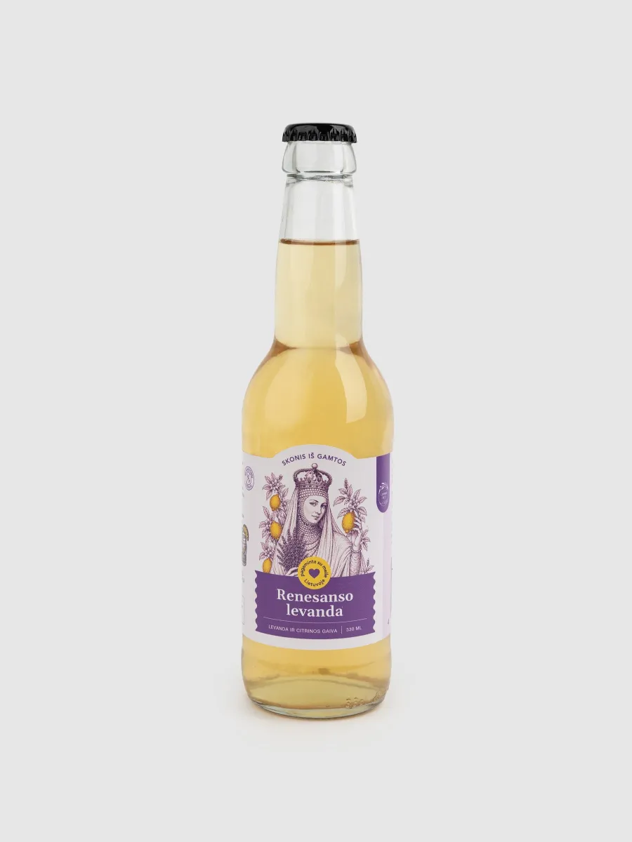 Bottle of “Renaissance Lavender” sparkling lavender lemonade with a purple label on a light background