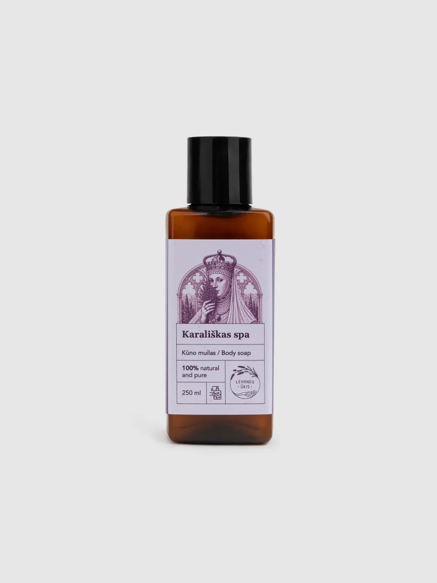 Brown bottle of “Royal SPA” lavender body wash with a black cap on a light background