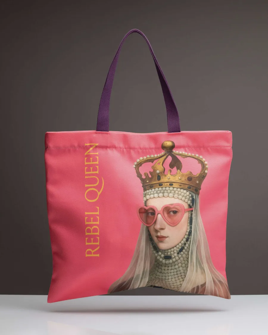 Pink fabric “Rebel Queen” bag with a portrait of a queen with a crown and heart-shaped glasses