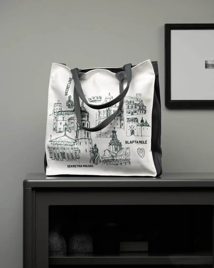 White fabric bag with drawings of Vilnius buildings on a dark cabinet