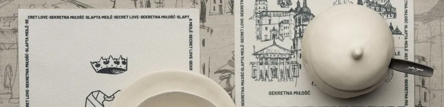 “Royal Vilnius” collection banner: a white cup and teapot on illustrated coasters
