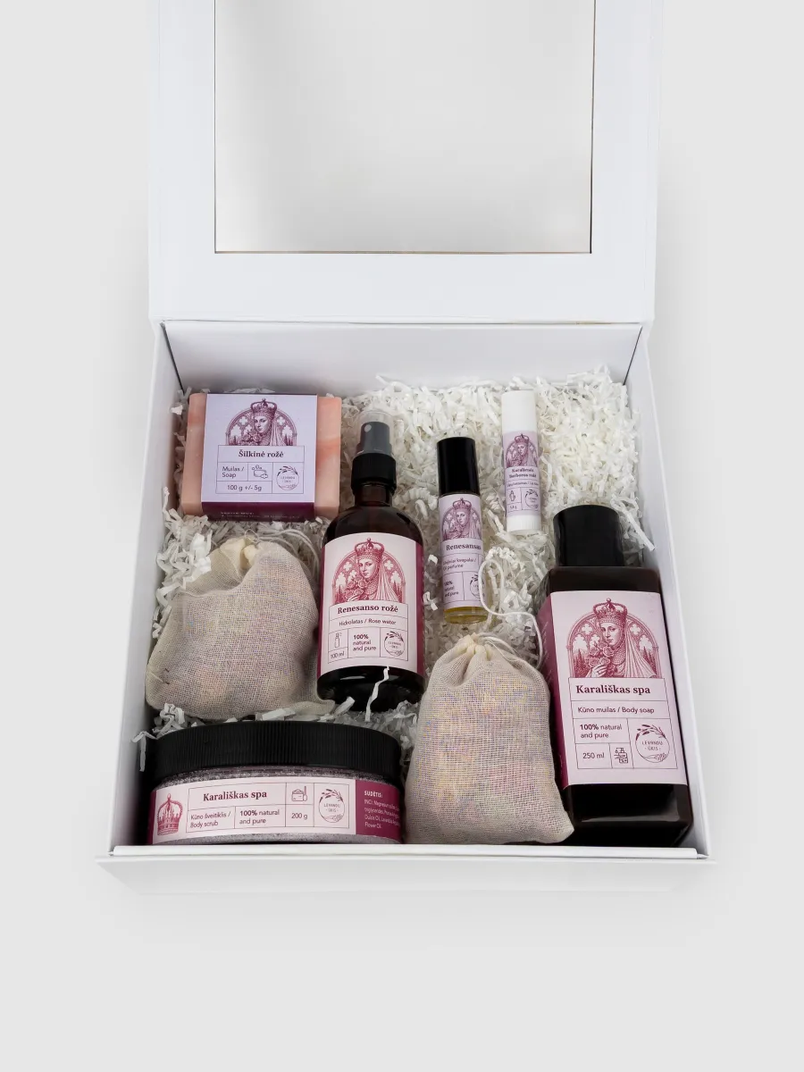 “Renaissance Rose” rose SPA gift set in an open white box, top view