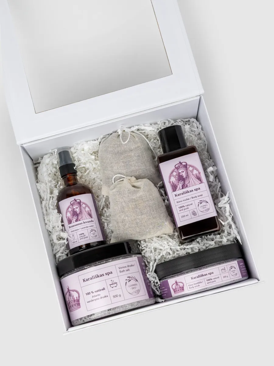 White gift box “Royal SPA” with lavender oil, creams and sachets, top view