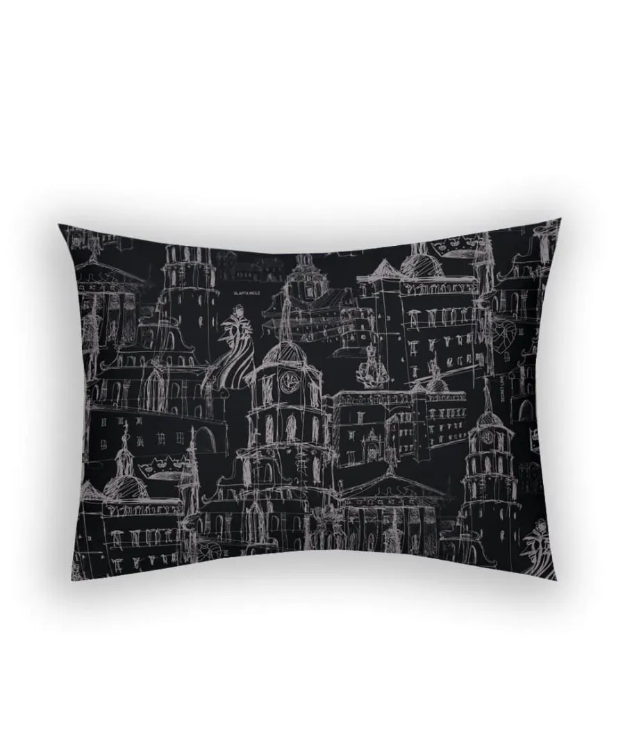 Anthracite satin pillowcase “Royal Vilnius Love Story” with a light drawing of Vilnius buildings