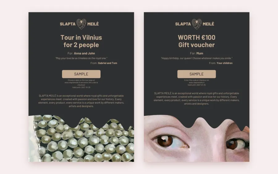 Personalised Slapta Meilė gift vouchers: a Vilnius tour for 2 for Anna and John from Gabriel and Tom, and a €100 voucher for Mum